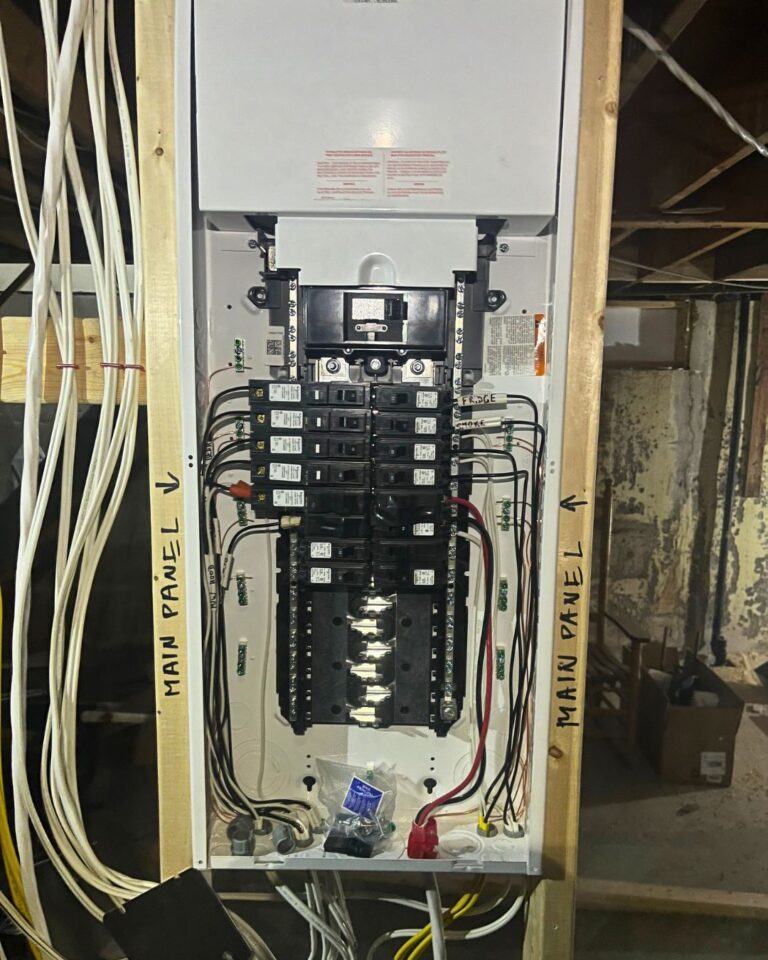 Main electrical panel installed between labelled studs